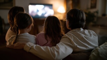 family enjoys cozy movie night together on couch, with two children and two adults watching film on television. warm lighting creates comforting atmosphere