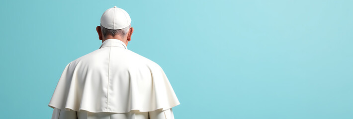 rear view pope  solid pale blue background copy space
