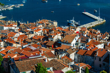Aerial view over the harbor in the city of Rovinje in Croatia.