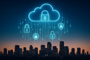 Secure Cloud Computing over Cityscape at Sunset  Cybersecurity Data Protection Network Safety