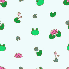 Cute frog seamless pattern collection. Cartoon toads with water lilies, flower, and lily pads. Summer or rainy season design for fabric, wallpaper, stationery, wrapping, card, and phone cases.