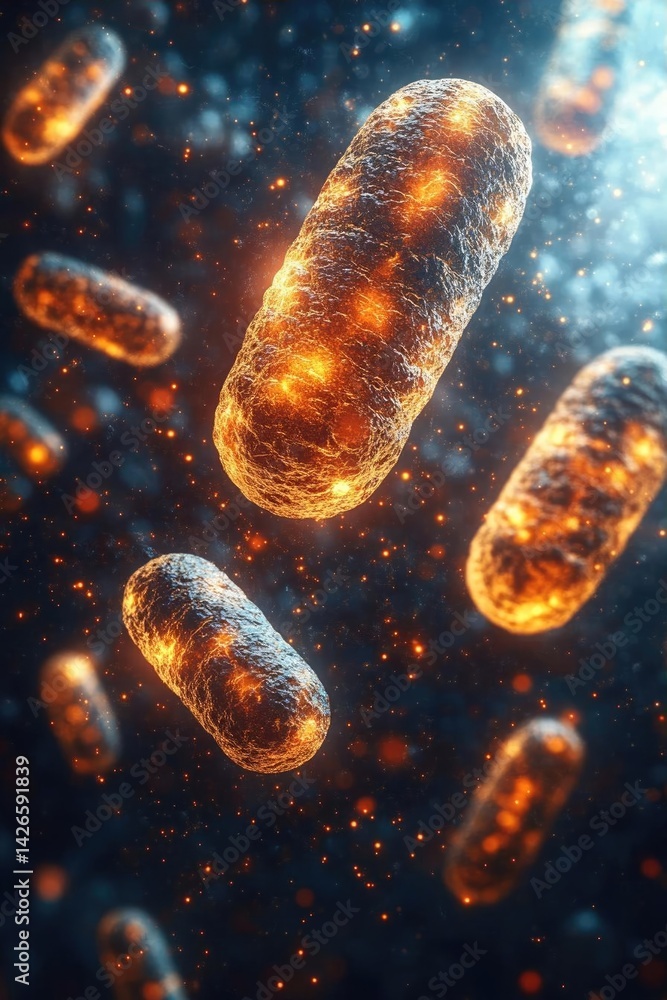 Poster glowing abstract representation of bacteria in a dark environment with shimmering particles