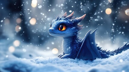 A cute, small, blue dragon with large amber eyes, tiny wings, and red inner ears sits in the snow.