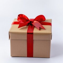 Obraz premium A light beige gift box with a red ribbon and bow