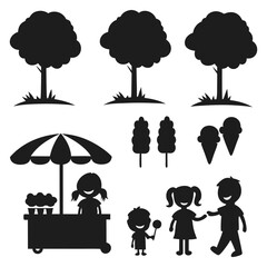 Family Enjoying Ice Cream in Park with Trees – Outdoor Picnic Vector