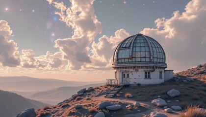 Obraz premium Iridescent mother-of-pearl facets form a dreamy backdrop for an ancient observatory among nebulae.