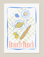 Brunch or breakfast in la dolce vita abstract trendy style poster with coffee, croissant, baguette. Breakfast club. Minimalist line art illustration ink drawing sketch for card, invitation, print.