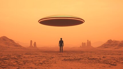 Alien silhouette standing in a desert under a hovering UFO