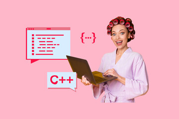 Composite trendy magazine photo collage of happy freelancer girl hold laptop programming tab...