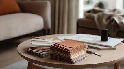 Colorful collection of fabric swatches displayed on a wooden table inside a cozy home setting.