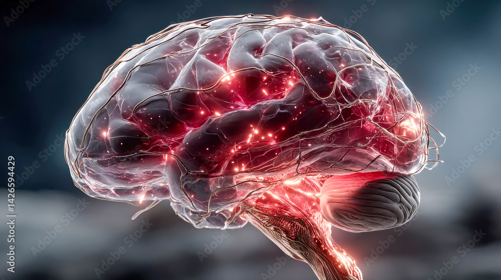 Aufkleber hyperrealistic image of a translucent brain with glowing neuron pathways and electric signals, float