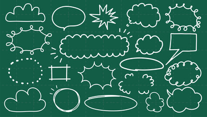 Chalkboard with doodle speech bubbles. Various speech bubbles, doodle style. Chalkboard art with speech bubbles. Creative speech bubbles on green chalkboard. White doodle elements, vector set.
