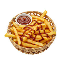 French fries with sauce isolated on transparent background