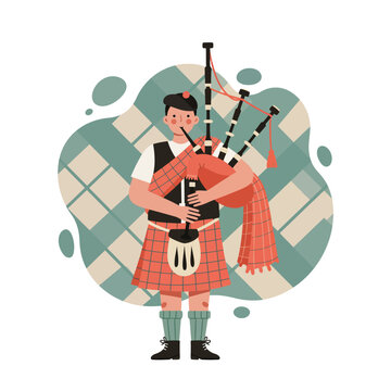 Scottish bagpiper playing traditional bagpipe instrument in kilts and sporran vector illustration 