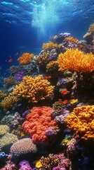 Fototapeta premium Vibrant Coral Reef Underwater Scene with Colorful Fish