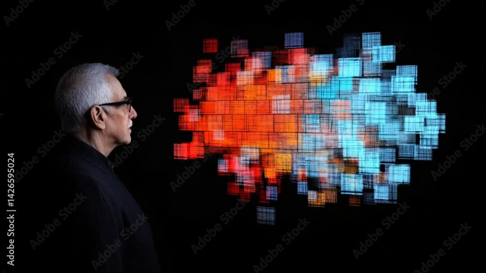 Poster profile view of a mature man contemplating vibrant digital colorful abstract patterns against a dark