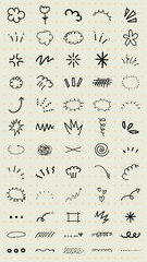 A collection of hand-drawn doodles featuring arrows, clouds, spirals, and lines. Doodles include arrows, clouds, and spirals, perfect for creative designs. Black hand drawn elements, vector set.