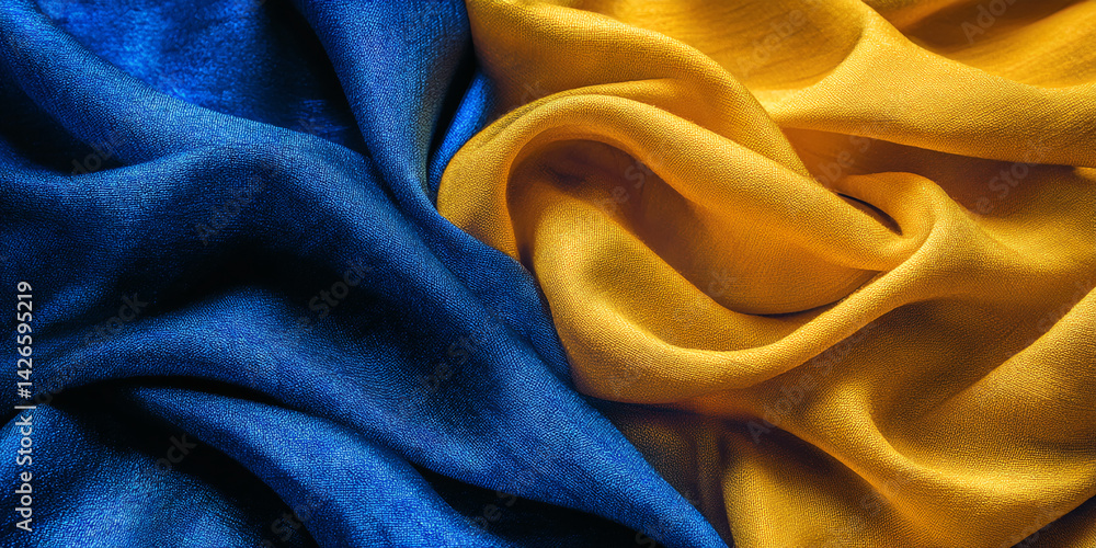 Poster blue and gold fabric texture, softly draped, creating elegant folds and curves, showcasing luxurious