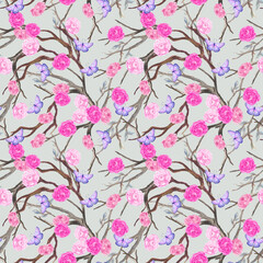 Chinoiserie Hand painted wallpaper ranunculus, rose,camellia,peonies woodland and butterfly