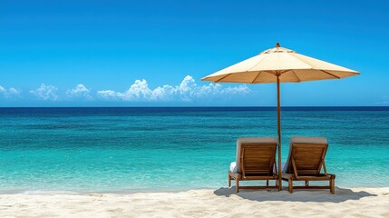 Obraz premium Tropical beach scene with lounge chairs and umbrella