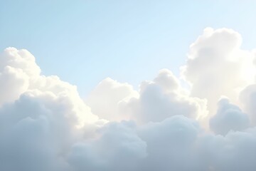 Fluffy white cumulus clouds against a pale blue sky. Clouds evoke a peaceful, dreamy atmosphere. concepts of weather, tranquility, freedom, and nature. Perfect for print and calming sky scene