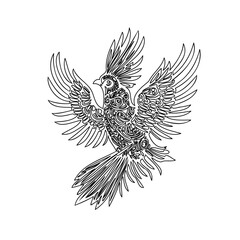 Elaborate Ornamental Bird in Flight Line Art