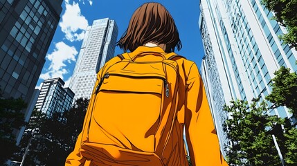 Fototapeta premium Person with orange backpack exploring the urban cityscape