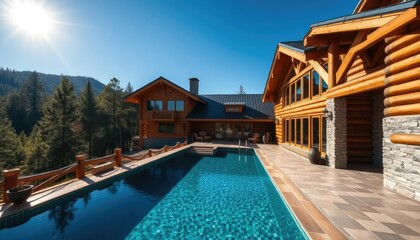 A beautiful log house with an outdoor swimming pool, located in the mountains of nature and surrounded by pine trees