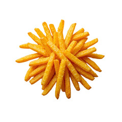 Fototapeta premium A salty pile of crispy potato sticks, isolated on a white background, makes a delicious and fast snack