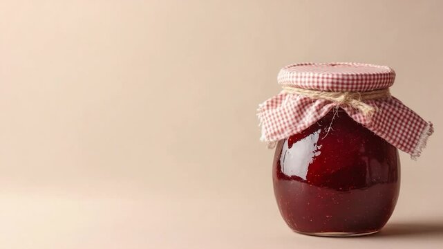 Homemade strawberry jam in a jar with gingham lid on a neutral background
