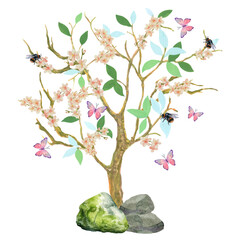 Chinoiserie, traditional oriental botanical motif. Cherry blossom tree bee butterfly vintage style