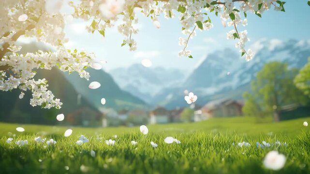 Beautiful white flowers bloom in a green spring meadow under the blue sky, a natural and beautiful countryside landscape