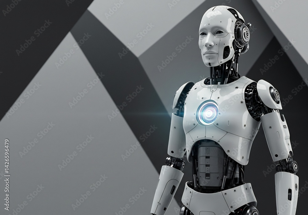 Aufkleber a cutting-edge robot with a futuristic design, standing in front of a modern geometric background