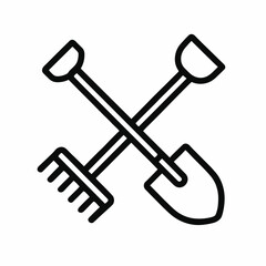 Rake and shovel crossed in simple line art  