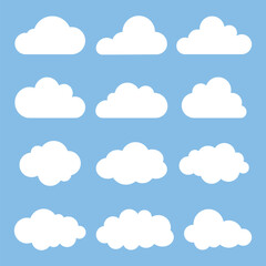 Set of white cloud icons on a blue background. Cloud icons in various shapes. Perfect for weather apps, cloud designs, and sky illustrations. Weather illustration, vector set.