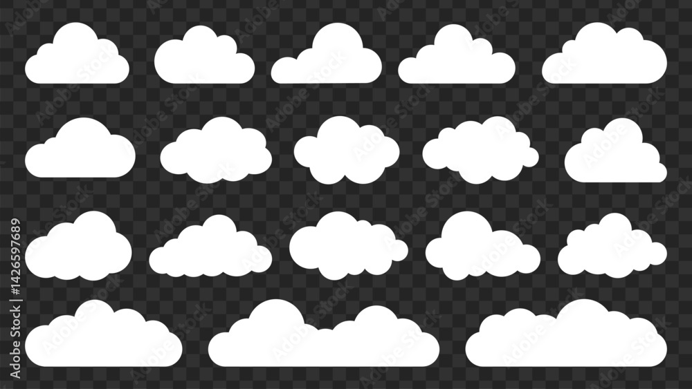Poster set of white cloud icons on a transparent background. cloud shapes vary in size and form. cloud icon