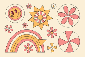 Fototapeta premium 97 Retro sticker set, cheerful emoji faces, colorful flowers, geometric shapes, pink and orange palette, simple illustrations, childlike drawings, whimsical design, textured background, vintage style,