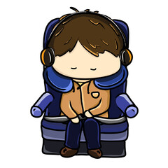 Sleeping on the airplane seat, and listening to music character cartoon illustration