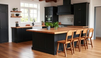 A rustic wooden countertop in the kitchen, black cabinets, and a wood floor