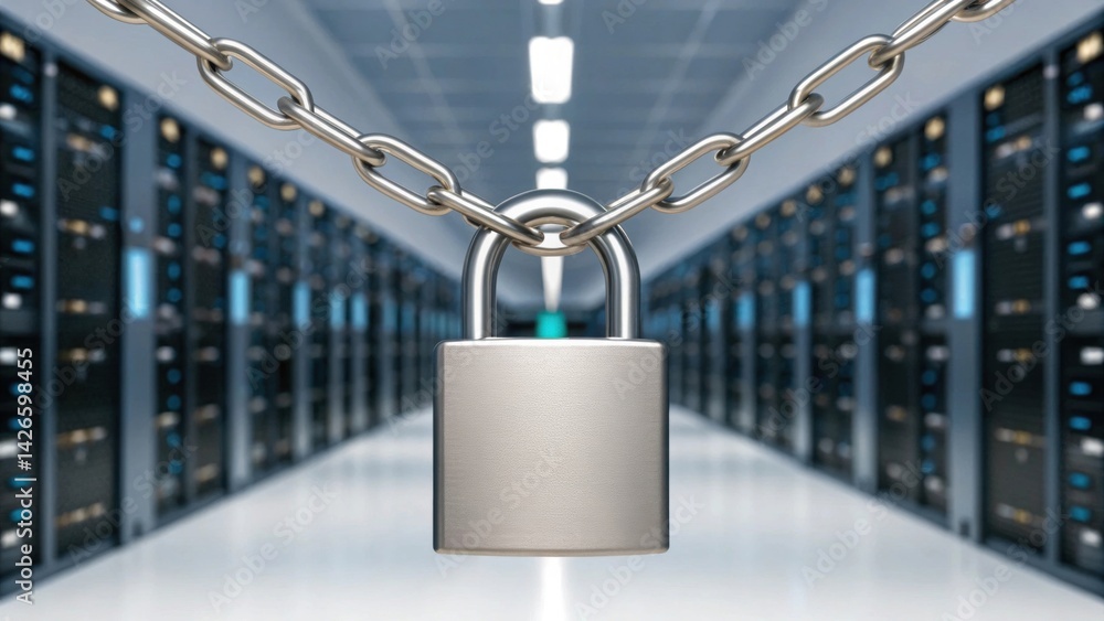 Aufkleber security researchers risk monitor. digital lock secured by a chain in a data center filled with serv