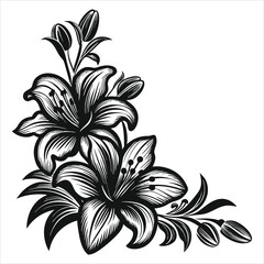 Black floral vector pattern with ornate leaf and swirl elements for vintage decoration