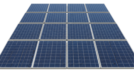 A close up view of a grid of solar panels showing the blue cells and white frames in a structured layout