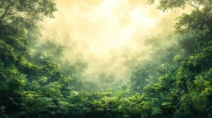 Lush, misty forest path bathed in golden sunlight. Lush green foliage and mist fill the scene, creating a serene and vibrant atmosphere
