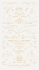 Elegant gold decorative swirls and flourishes on a light background. Ornate swirls and flourishes create a classic, sophisticated design. Perfect for elegant invitations. Hand drawn ornament vector se