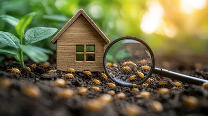House object and magnifying glass with termite pictogram