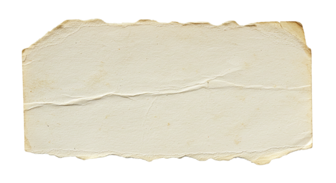 A close up of a rectangular piece of aged paper with torn edges and a horizontal crease across it