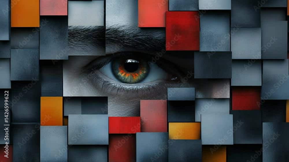 Poster close-up of human eye behind colorful geometric shapes with abstract texture and depth of field effe