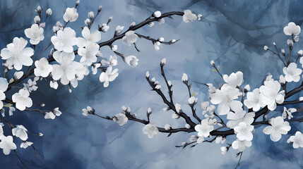 Obraz premium vintage white and blue flowers oil art print background poster decorative painting 