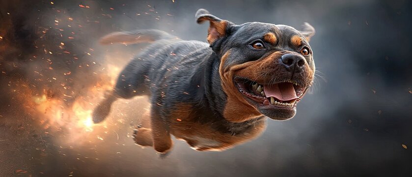 A powerful, aggressive canine lunging forward with teeth bared and eyes focused, caught in a fierce, guttural snarl.