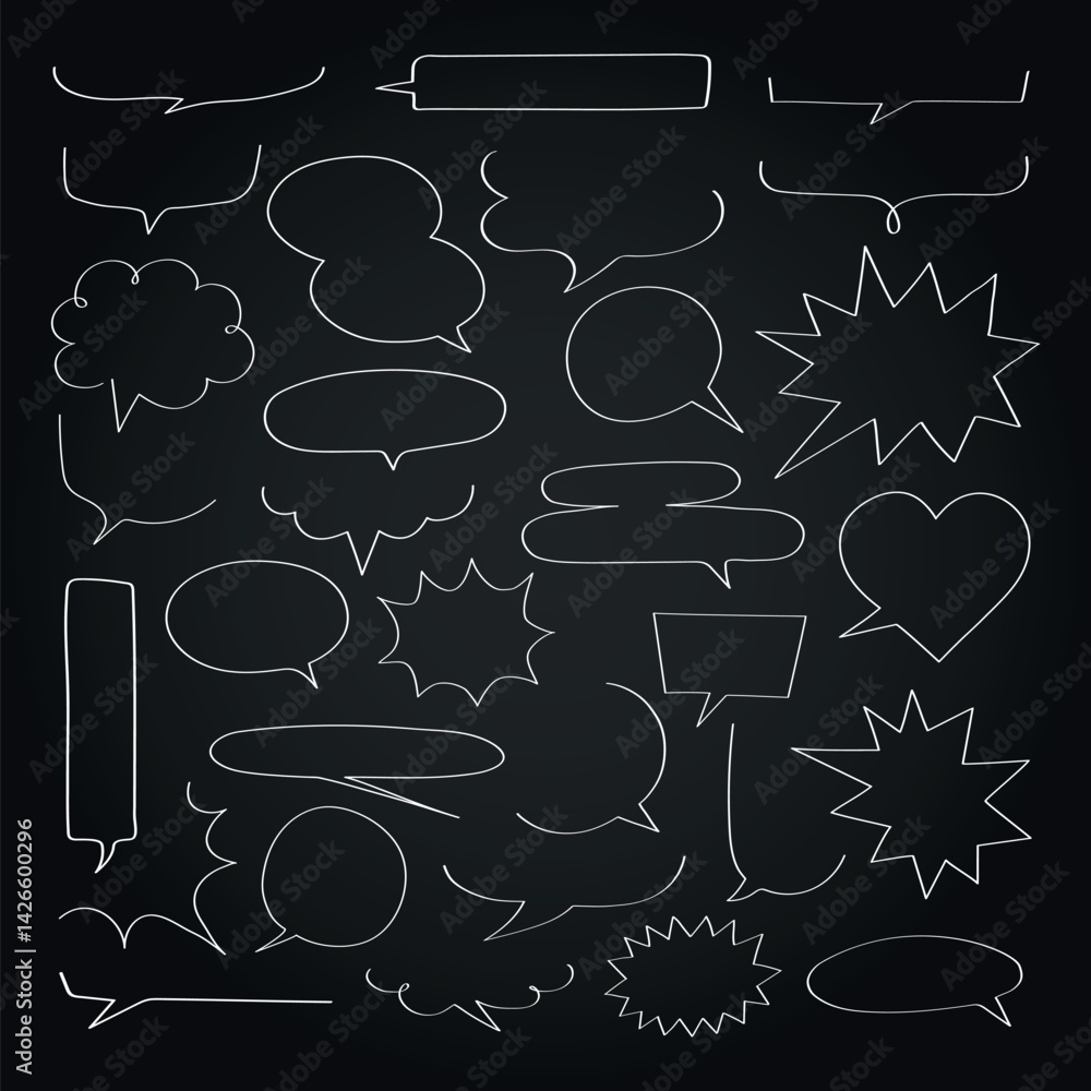 Poster collection of speech bubbles in various shapes on a black grid background. speech bubbles in differe